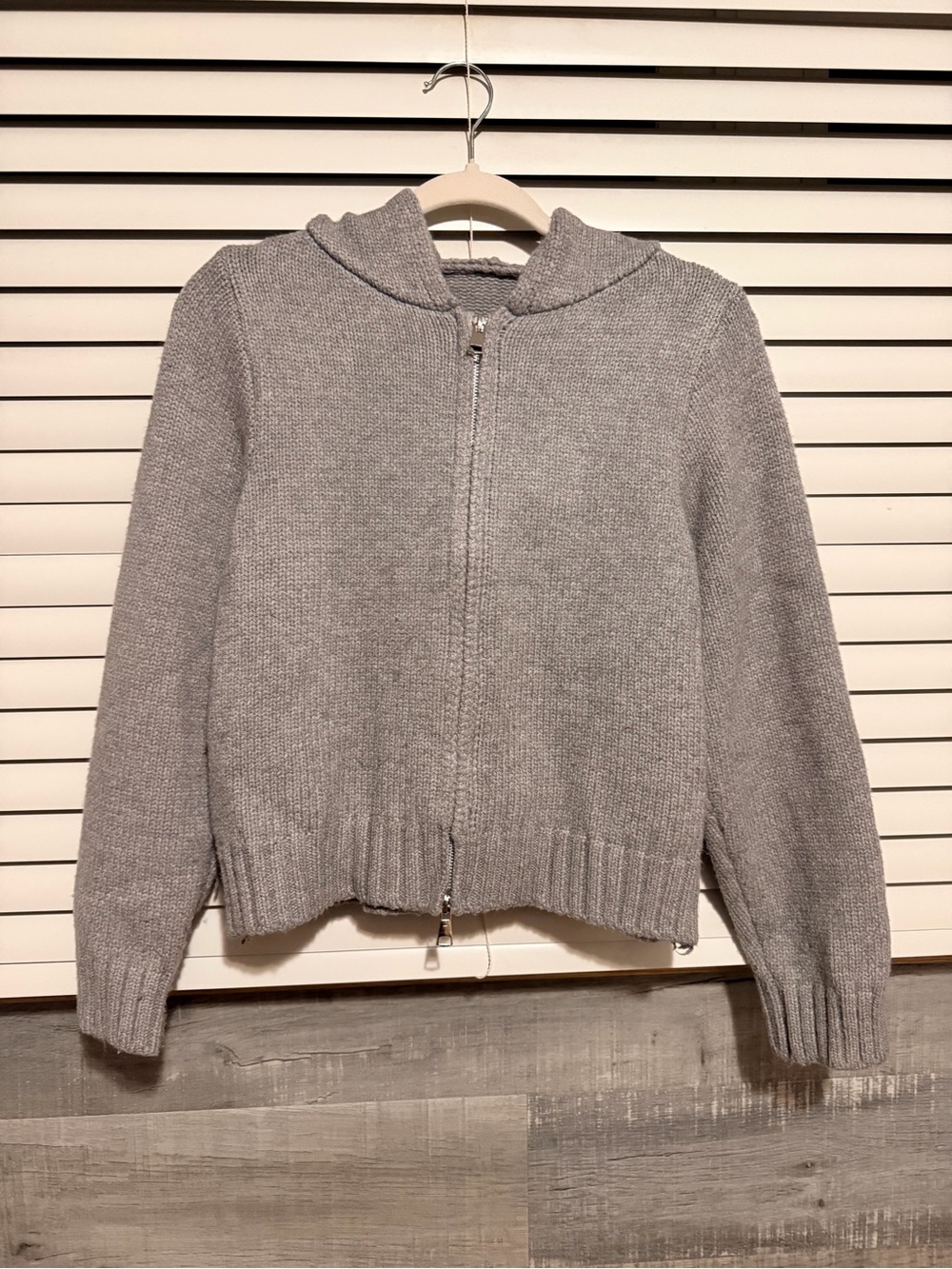 SHEIN Light Gray Zip-Up Hooded Knit Cardigan